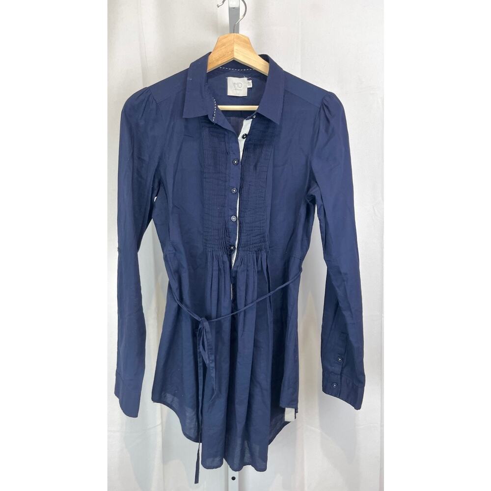 HD in PARIS Anthropologie Fan Folds Pintuck Pleat Tunic Top Long Sleeve Blue 4